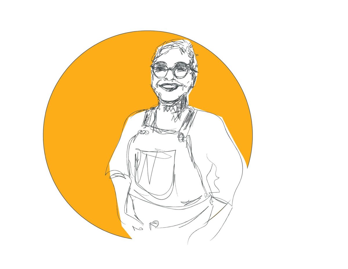 Self-portrait sketch of Nicki Schroeder in overalls and glasses, against a marigold circle
